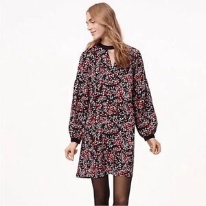 LOFT Cut Out Floral Berry Velvet Trim Long Sleeve Shift Mini Dress